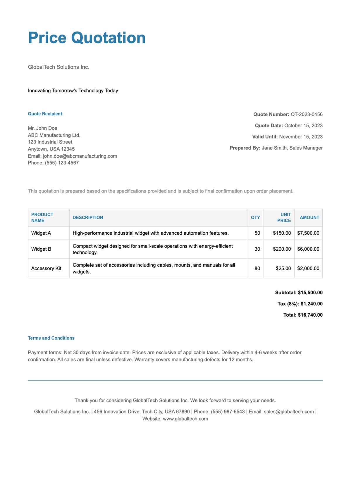 Professional price quote template with company branding and VAT calculation_variant_2